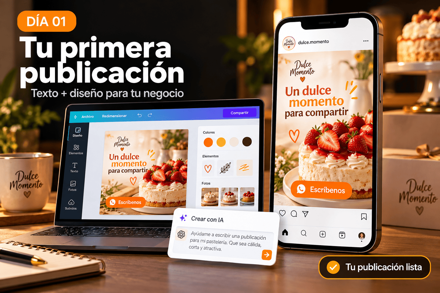 Día 1: Tu primera publicación que da ganas de comprar, ejemplo con la pastelería Dulce Momento