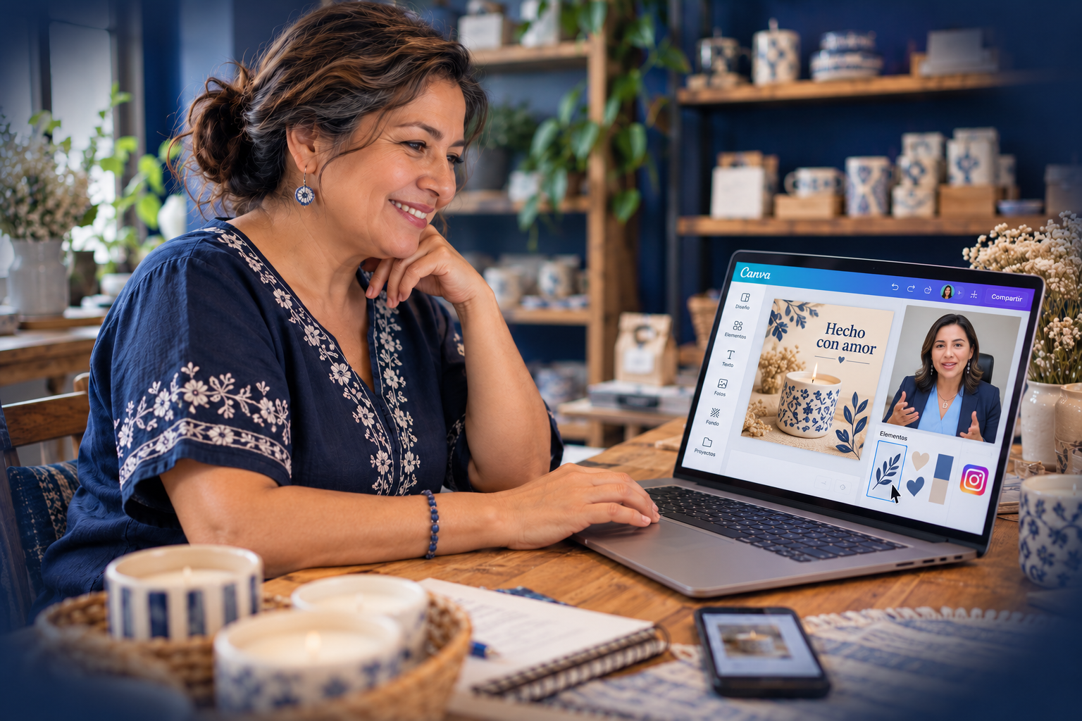 Susy enseñando a diseñar en Canva junto a velas artesanales