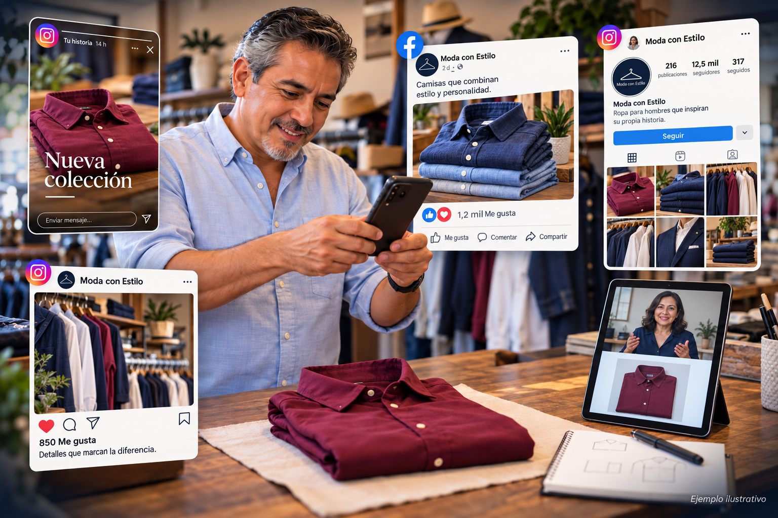 Emprendedor fotografiando una camisa con su celular para las redes de su tienda