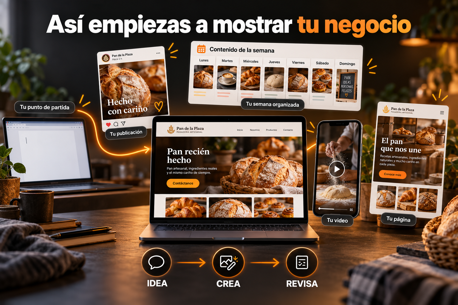 Una publicación, un calendario de contenido, un video y una página para mostrar tu negocio